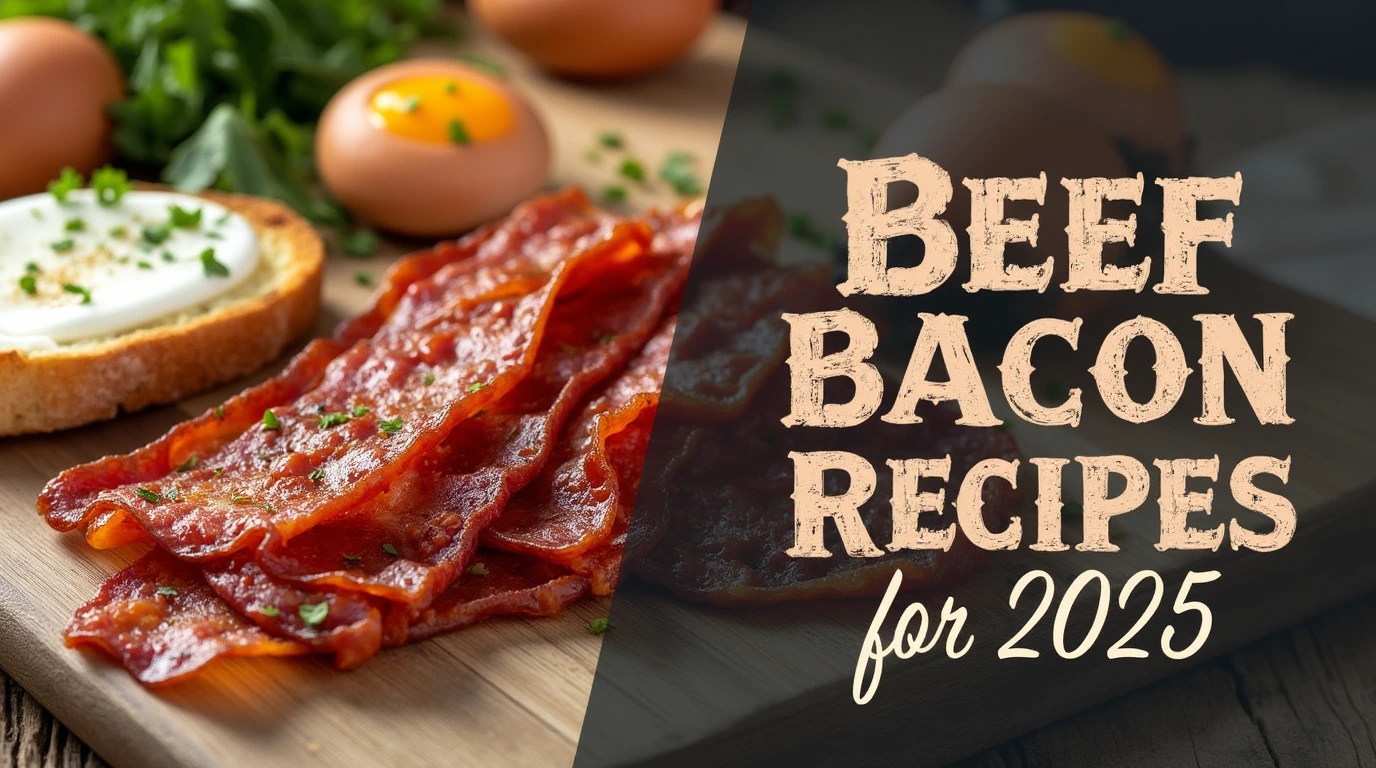 An image split vertically: the left side features beef bacon recipes with ingredients like beef bacon strips, eggs, and fresh herbs in a rustic kitchen setting. The right side displays the title '10 Easy Beef Bacon Recipes for 2024 (Perfect for Breakfast, Lunch, and Dinner!)' in bold, rustic lettering, with 'bakedshakedrecipes.com' written below in a clean font.
