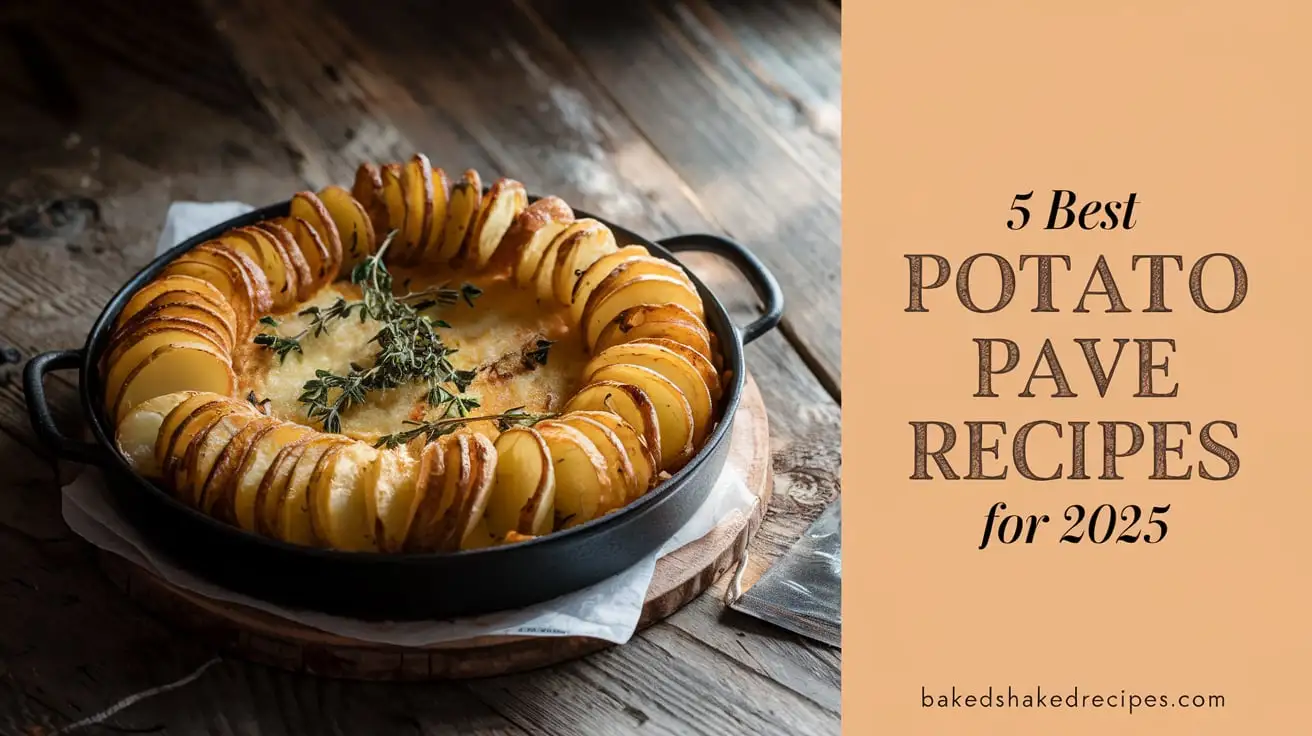 Golden, crispy potato pave dish with fresh herbs, paired with bold rustic text: ‘5 Best Potato Pave Recipes for 2025’ and the website name ‘bakedshakedrecipes.com’ below.