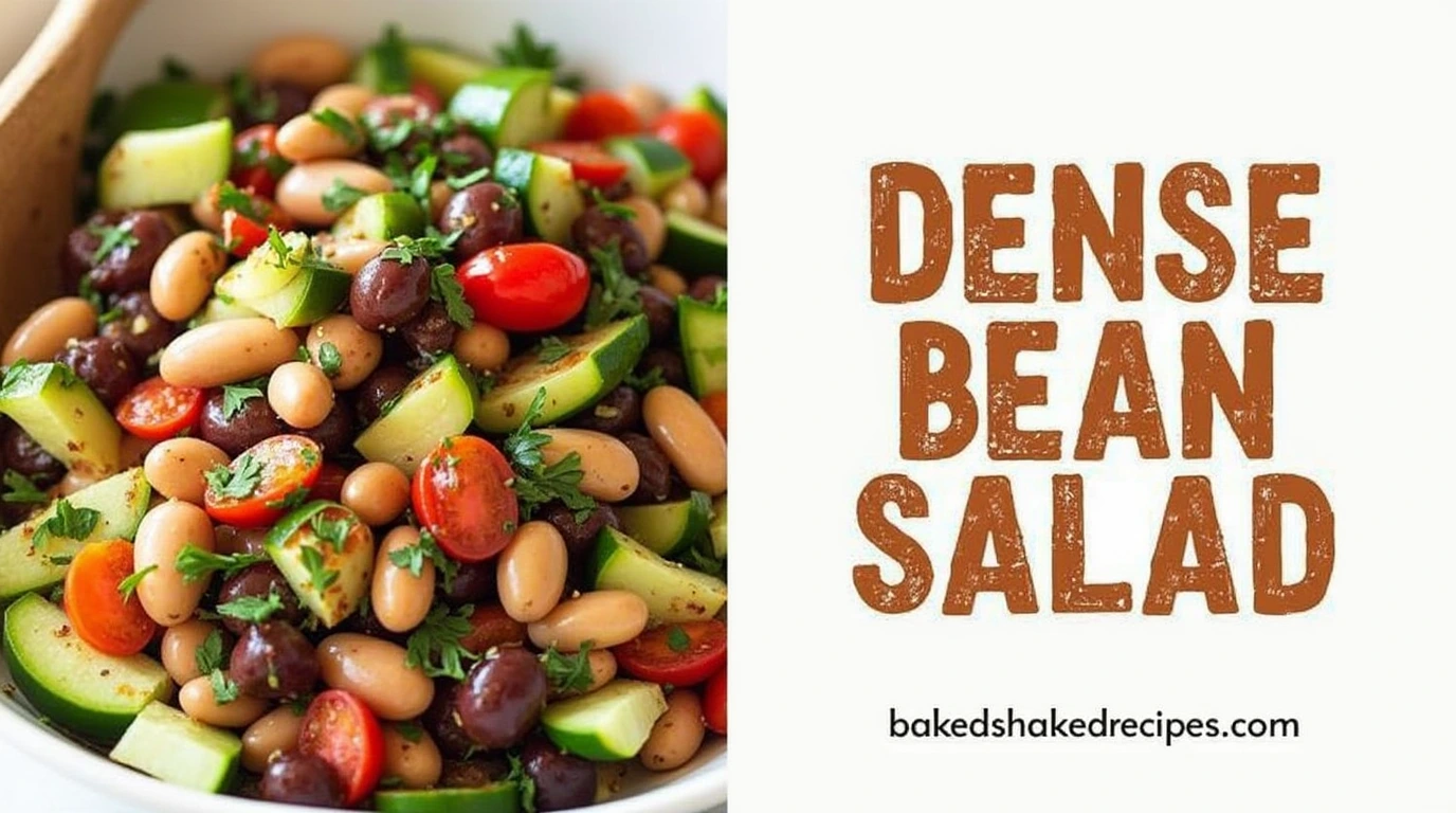 Image showing a dense bean salad recipe on the left side and the title “dense bean salad” in bold, rustic lettering with ‘bakedshakedrecipes.com’ on the right side.