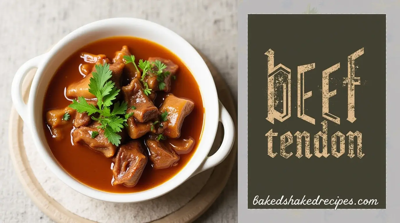 Delicious beef tendon dish with the title 'beef tendon' in bold, rustic lettering and the website name 'bakedshakedrecipes.com' below.