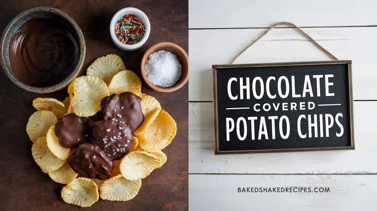 Chocolate-covered potato chips recipe image divided vertically, featuring ingredients and preparation steps on the left side, and bold rustic lettering with the title and website name on the right side.
