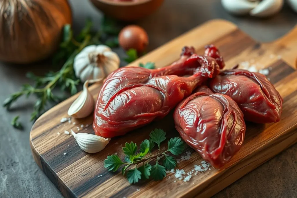 A top-down view of fresh chicken hearts on a wooden cutting board, surrounded by herbs and garlic