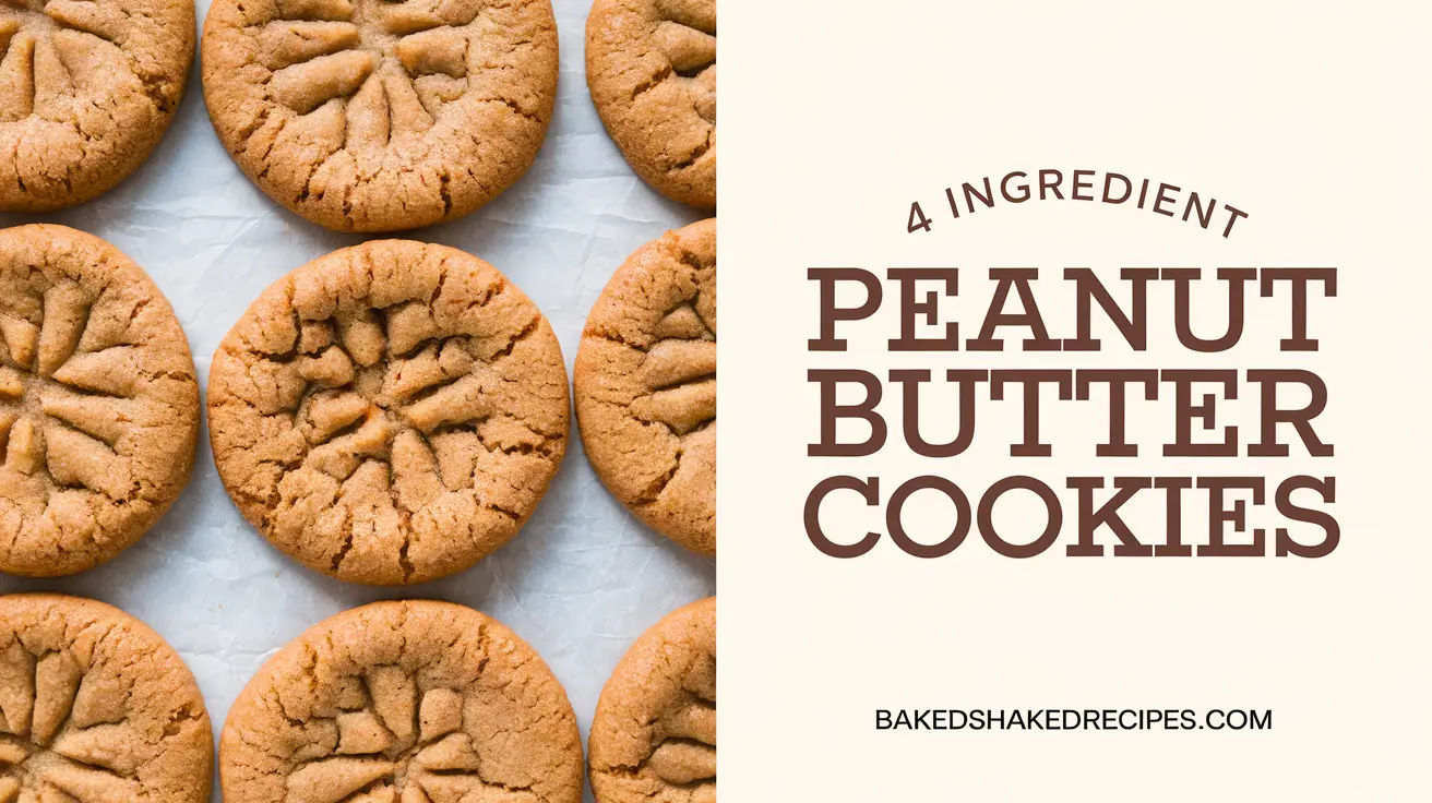 Easy 4 Ingredient Peanut Butter Cookies You Need to Try (2025 Recipe!) 3 4 ingredient peanut butter cookies with the title in bold rustic lettering and website name 'bakedshakedrecipes.com' below.