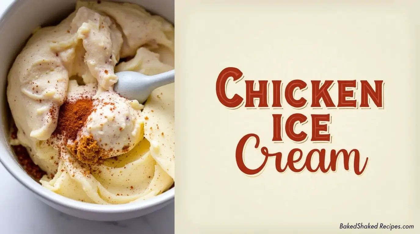 Discover the Best Chicken Ice Cream Recipe Ever (2025 Secrets) 1 A visual representation of chicken ice cream being prepared, with the recipe on the left side and the title “chicken ice cream” along with the website name 'bakedshakedrecipes.com' on the right.
