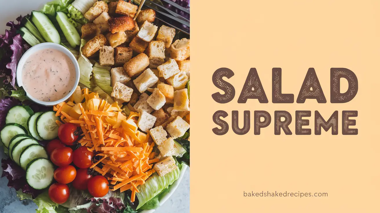 An image of a Salad Supreme recipe divided into two vertical sections. The left side shows a vibrant salad with fresh ingredients like lettuce, tomatoes, cucumbers, cheese, and croutons. The right side displays the title 'Salad Supreme' in bold, rustic lettering, with the website name 'bakedshakedrecipes.com' below in a clean font.