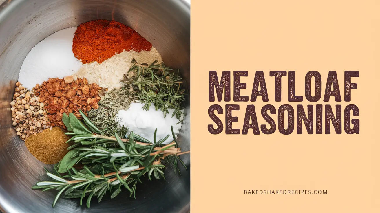 Meatloaf seasoning recipe with spices and herbs on the left, bold title 'meatloaf seasoning' on the right side, with the website name 'bakedshakedrecipes.com' underneath.