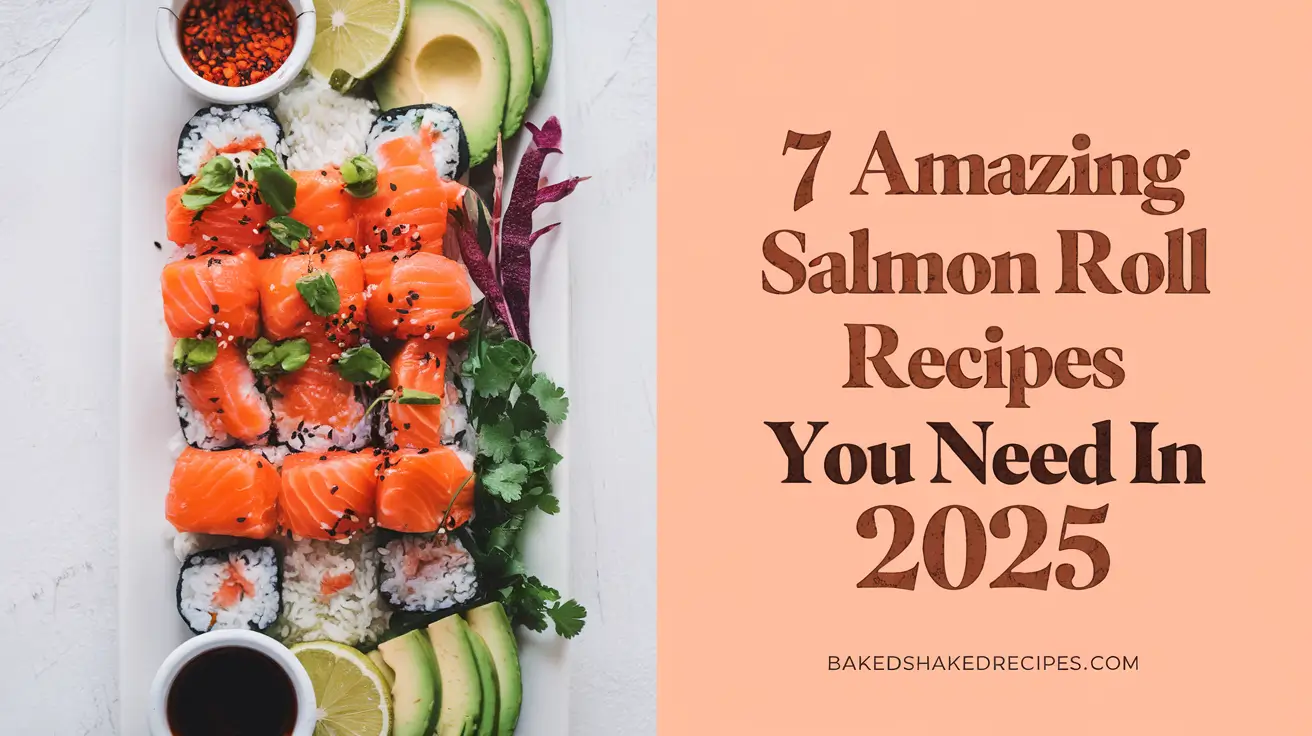 Salmon roll platter with fresh ingredients on the left, and the title ‘7 Amazing Salmon Roll Recipes You Need in 2025’ in bold, rustic lettering on the right, with ‘bakedshakedrecipes.com’ below.