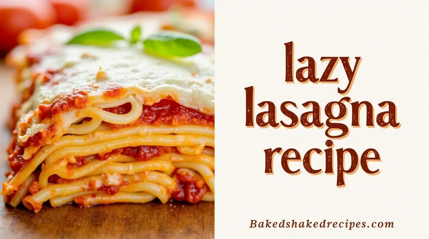 An image of a lazy lasagna recipe with a vibrant lasagna on the left side and the bold title “lazy lasagna recipe” in rustic lettering on the right, along with the website name ‘bakedshakedrecipes.com.’