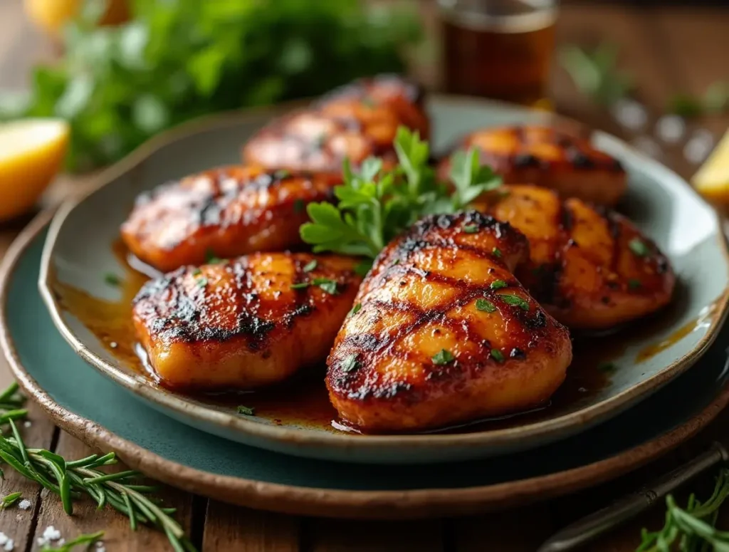 A close-up of grilled chicken hearts on a plate, garnished with fresh herbs and lemon wedges, resting on a rustic wooden table.