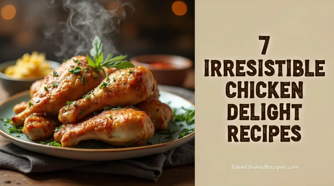 A delicious plate of Chicken Delight, crispy and golden-brown, served on a rustic wooden table. The image is split vertically, with one side dedicated to the dish and the other displaying text about irresistible chicken recipes.