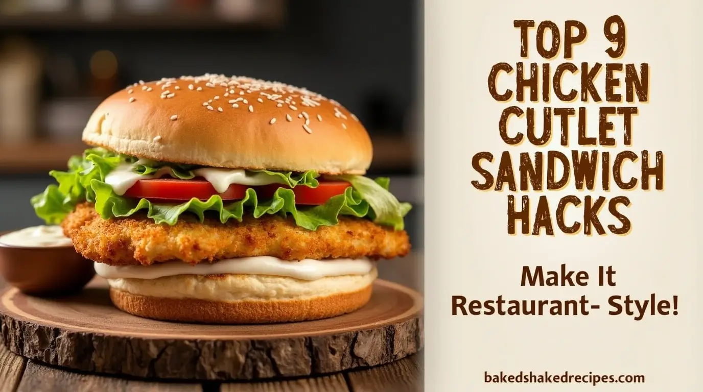 Crispy chicken cutlet sandwich on a toasted bun with fresh lettuce and tomato, alongside a vertical section featuring the recipe title and website.