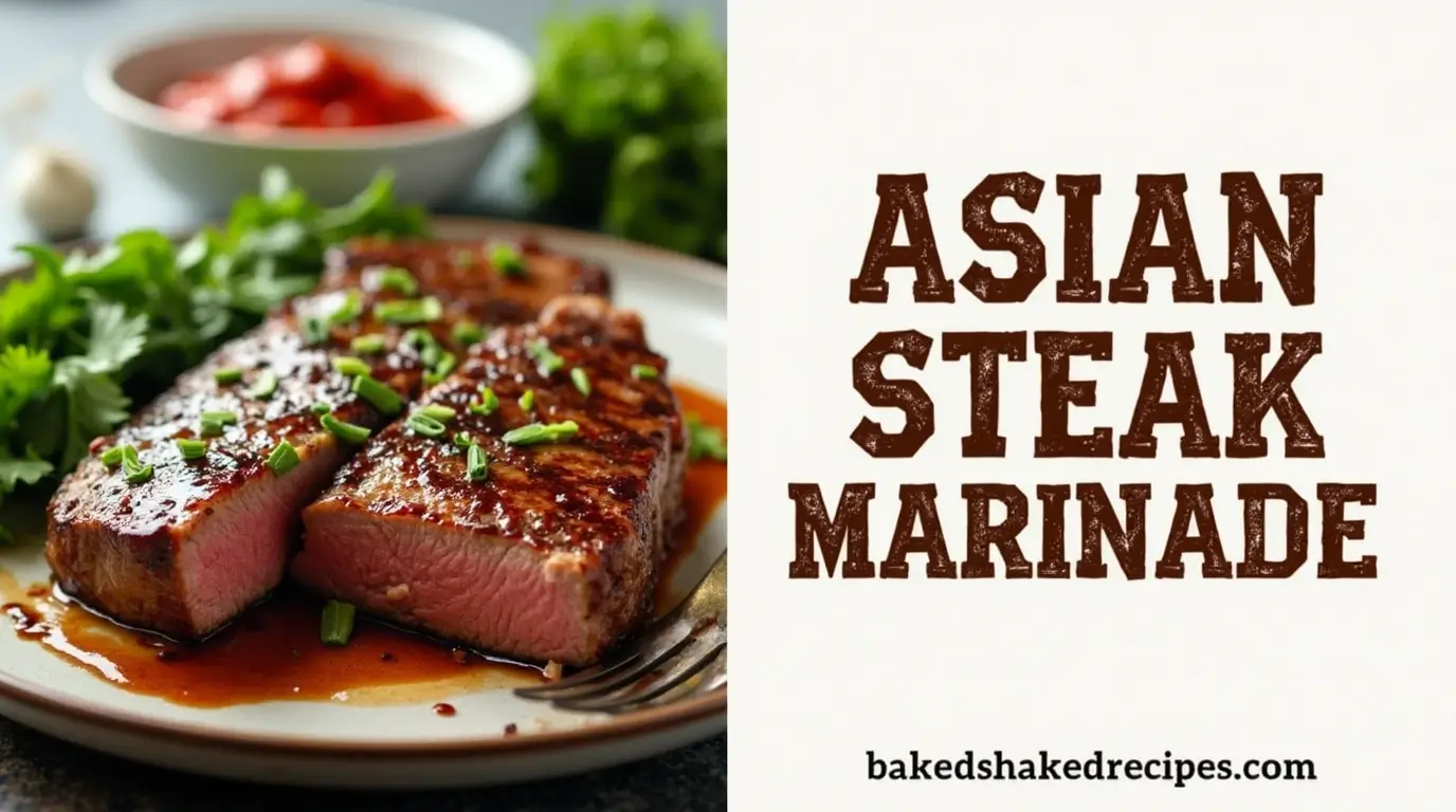 A split-image design showing an Asian steak marinade recipe on the left and the title "asian steak marinade" in bold, rustic lettering on the right with the website name 'bakedshakedrecipes.com' below.