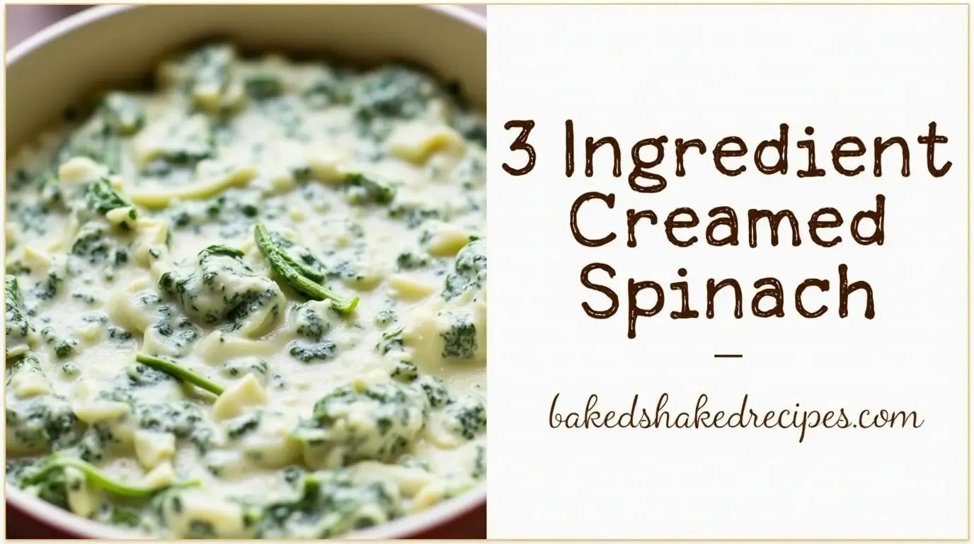 Image of 3 Ingredient Creamed Spinach with a divided layout showing the recipe on the left side and the title and website name on the right side.