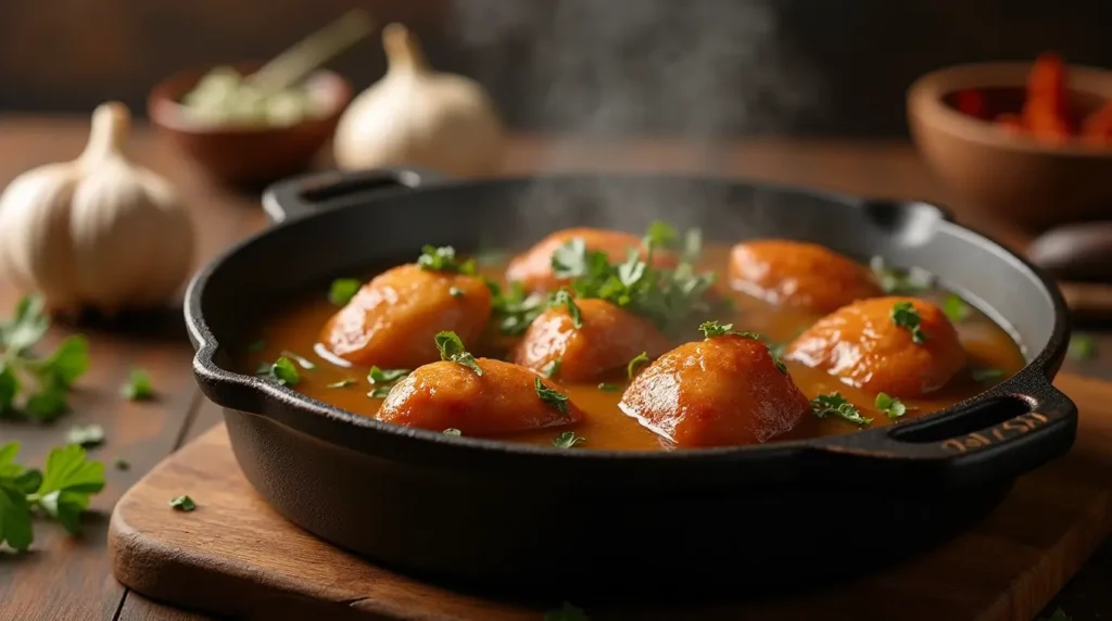 Close-up of chicken hearts simmering in a flavorful broth in a cast-iron skillet, garnished with fresh herbs, with steam rising and a rustic kitchen background.