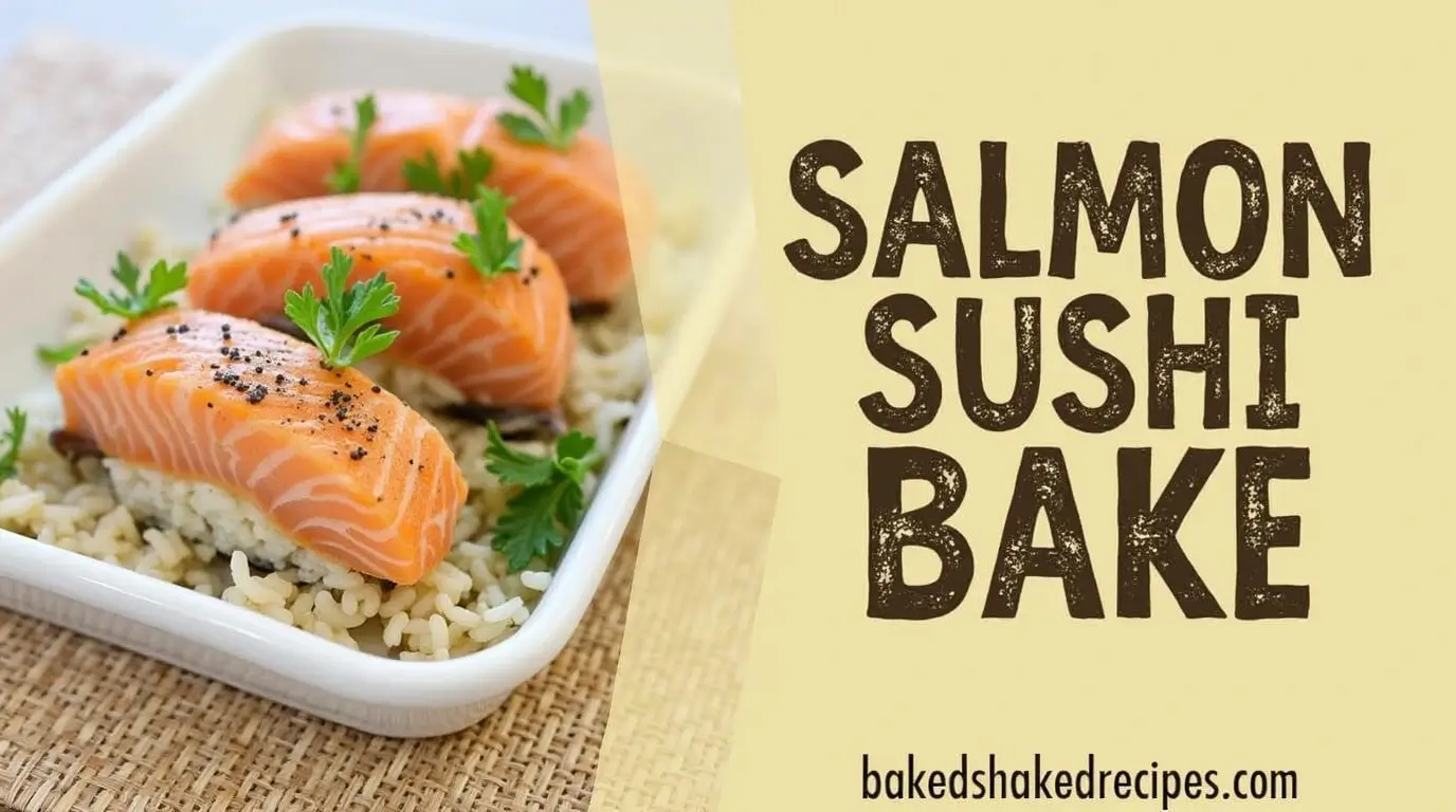 A divided image showcasing a salmon sushi bake recipe on one side and the title “salmon sushi bake” in bold, rustic font with the website name ‘bakedshakedrecipes.com’ below.