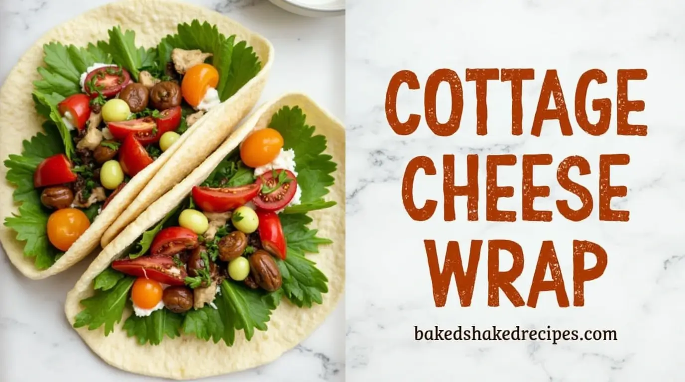 Delicious cottage cheese wrap recipe with vibrant ingredients, divided with text featuring the title 'cottage cheese wrap' and website 'bakedshakedrecipes.com'.