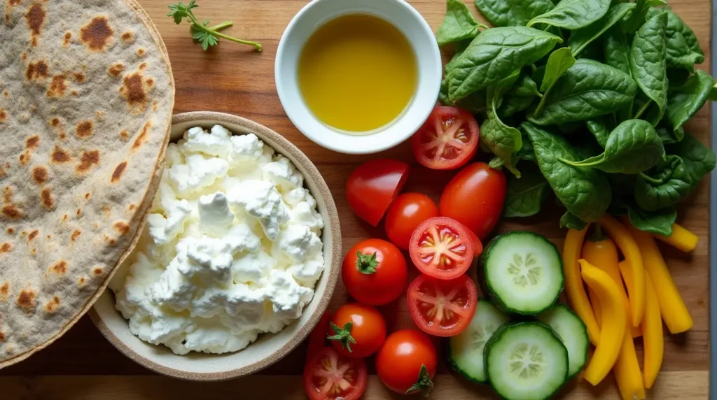 How to Make the Best Cottage Cheese Wrap: 8 Simple Recipes 3 Main ingredients for a cottage cheese wrap including cottage cheese, tortilla, vegetables, and greens.