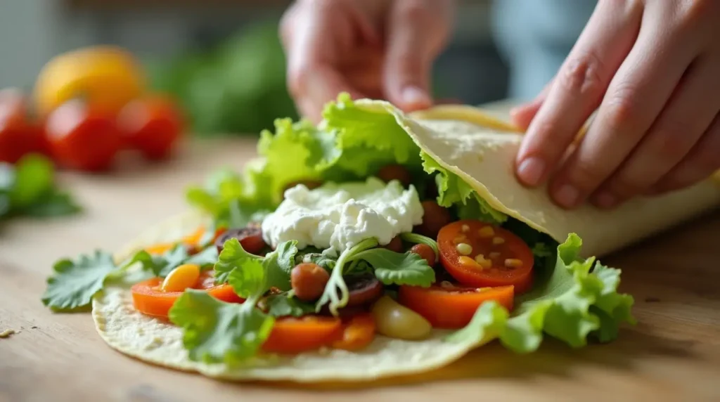 How to Make the Best Cottage Cheese Wrap: 8 Simple Recipes 4 Assembling a cottage cheese wrap with fresh vegetables and cottage cheese spread on a kitchen counter.