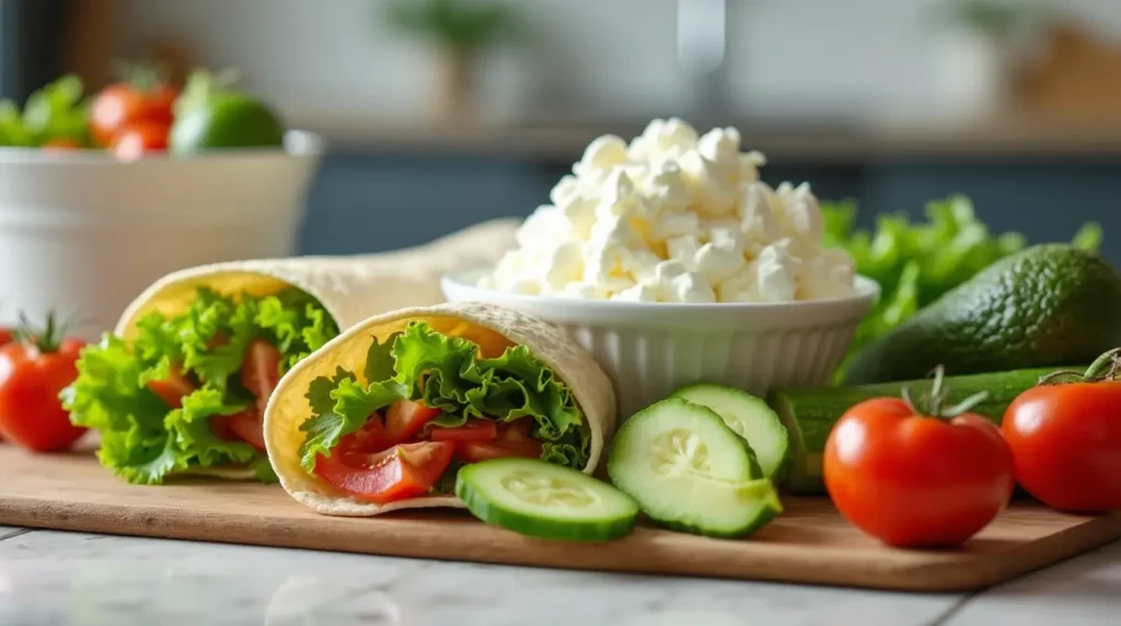 How to Make the Best Cottage Cheese Wrap: 8 Simple Recipes 5 Fresh ingredients for choosing the right fillings for a cottage cheese wrap, including vegetables and cottage cheese.