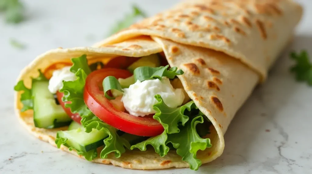 How to Make the Best Cottage Cheese Wrap: 8 Simple Recipes 2 Perfect cottage cheese wrap with fresh vegetables like lettuce, cucumbers, and tomatoes inside a soft tortilla.