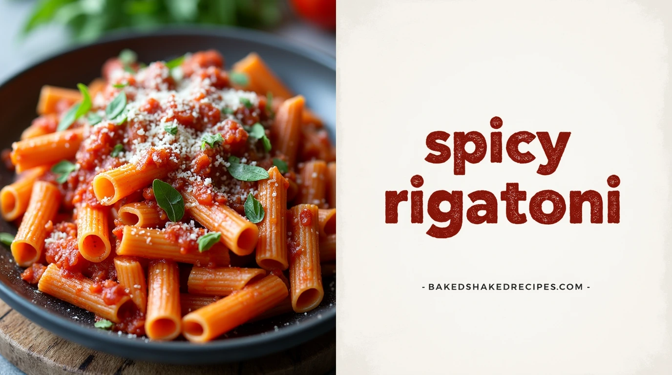 A vertically divided image featuring a plate of spicy rigatoni with rich tomato sauce and fresh herbs on the left, and bold rustic text reading 'spicy rigatoni' on the right, with 'bakedshakedrecipes.com' displayed below in a clean font.