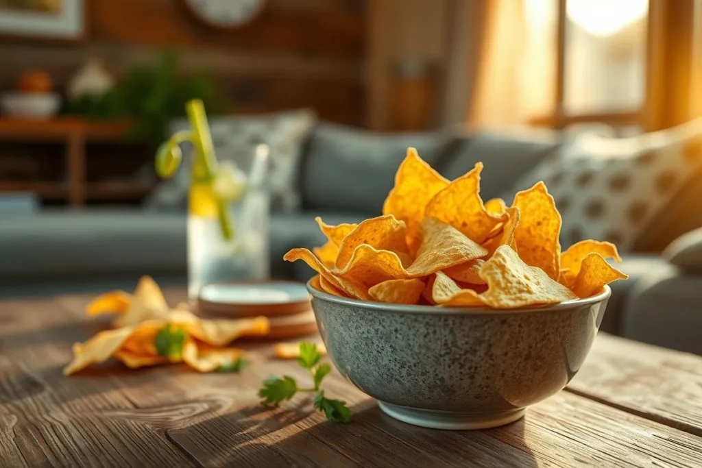 A bowl of low-carb tortilla chips with a side of fresh vegetables and a tasty dip, on a wooden table