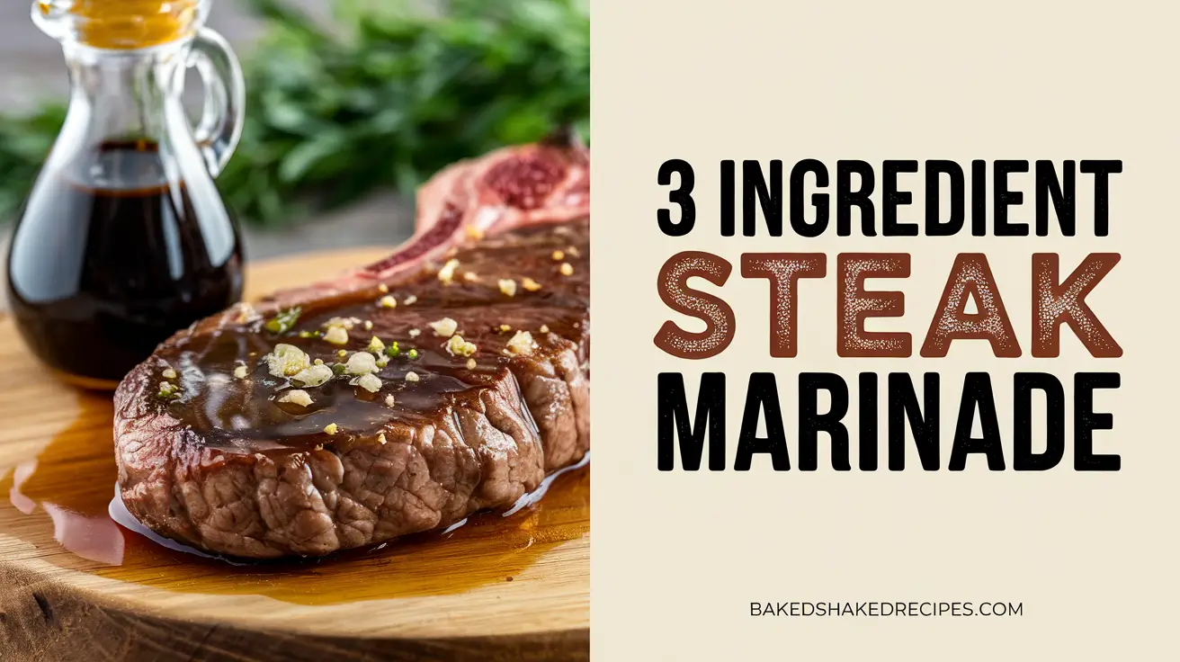 3 Ingredient Steak Marinade recipe with a juicy steak and three visible ingredients on the left side, and bold title with website name on the right side.