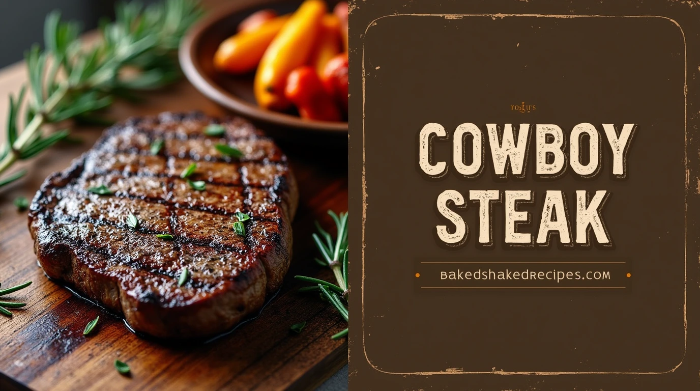 A vertically divided image featuring a grilled cowboy steak on the left side with roasted vegetables and rustic lettering on the right side, including the title 'Cowboy Steak' and the website name 'bakedshakedrecipes.com.'