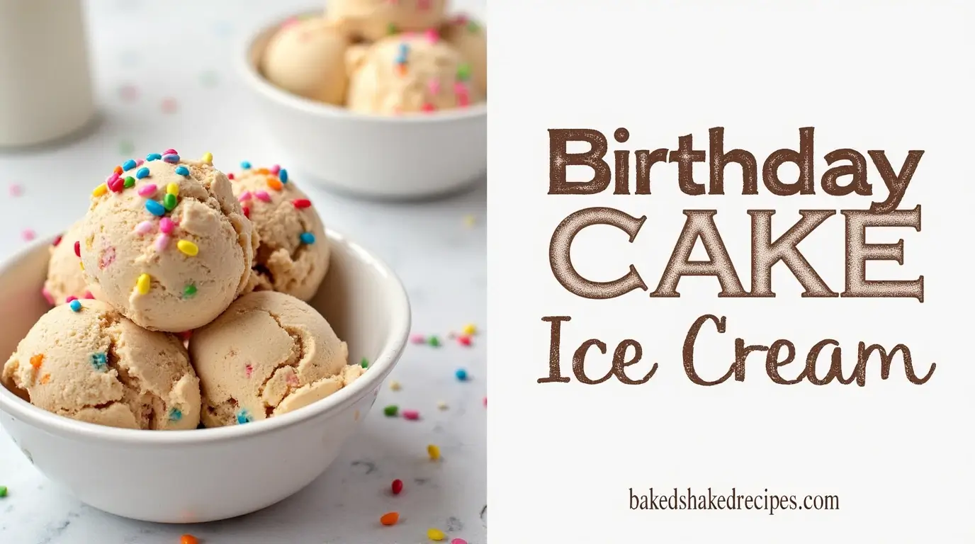 Top 6 Amazing Birthday Cake Ice Cream Recipes (2025 Must-Try!) 2 An image split vertically: the left side shows a birthday cake ice cream recipe with ingredients and steps, while the right side displays the title 'birthday cake ice cream' in bold, rustic lettering and the website name 'bakedshakedrecipes.com' below in a clean font.