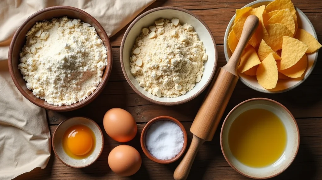 A beautifully arranged top-down view of the Low Carb Tortilla Chips Main Ingredients, featuring almond flour, psyllium husk, eggs, olive oil, and salt on a rustic wooden surface.