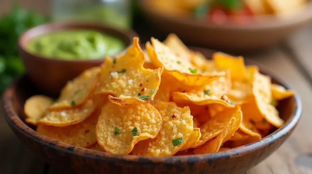 A bowl of golden, crispy low-carb tortilla chips made from almond flour, served with guacamole and salsa on a wooden table.