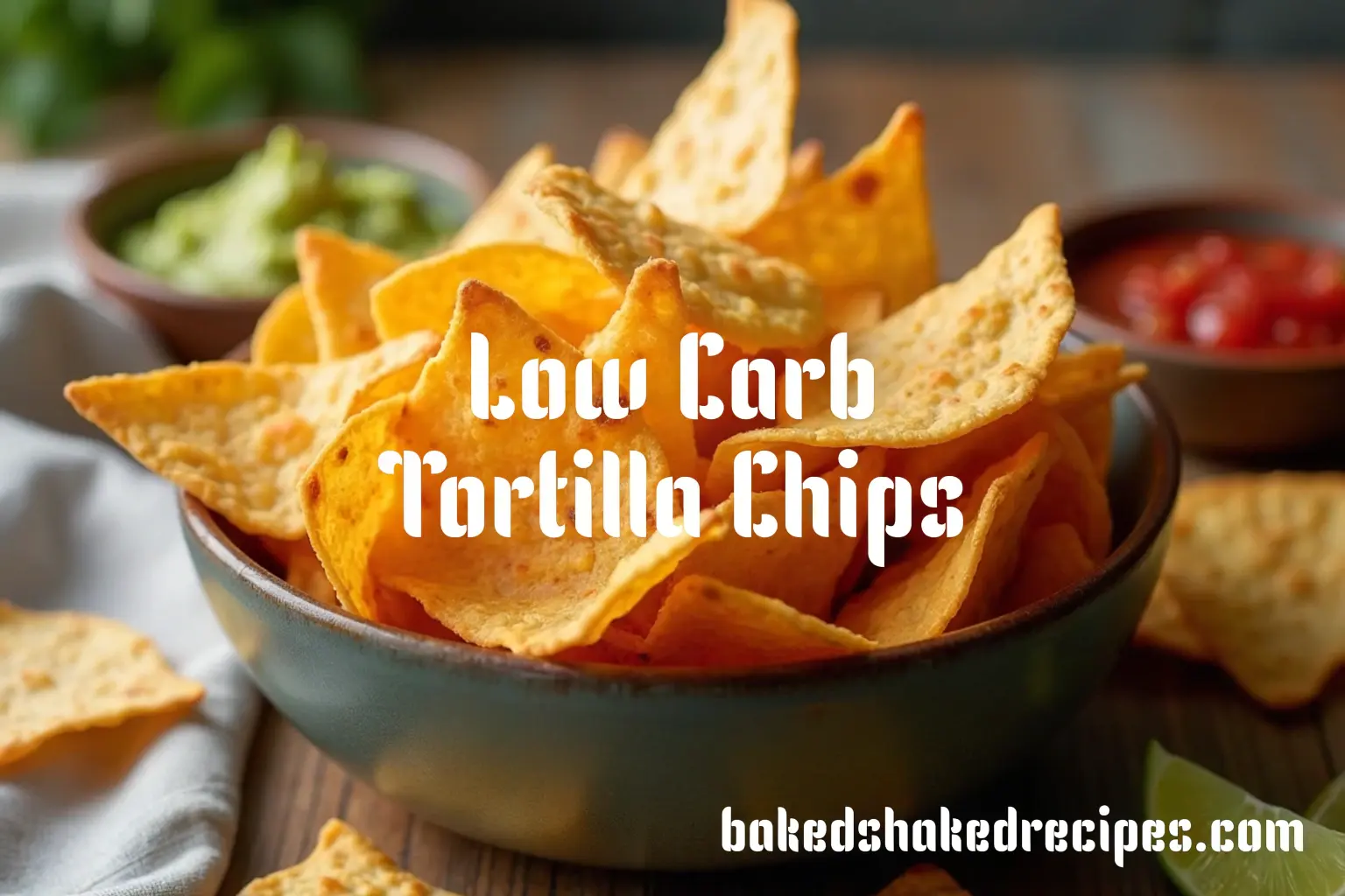 A close-up of crispy, golden Low Carb Tortilla Chips in a rustic bowl, served with guacamole and salsa on a wooden surface for a delicious, healthy snack.