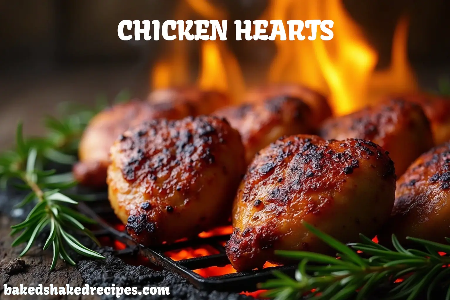 Sizzling chicken hearts on a rustic grill, charred to perfection with vibrant flames and fresh herbs, set against a wooden background.