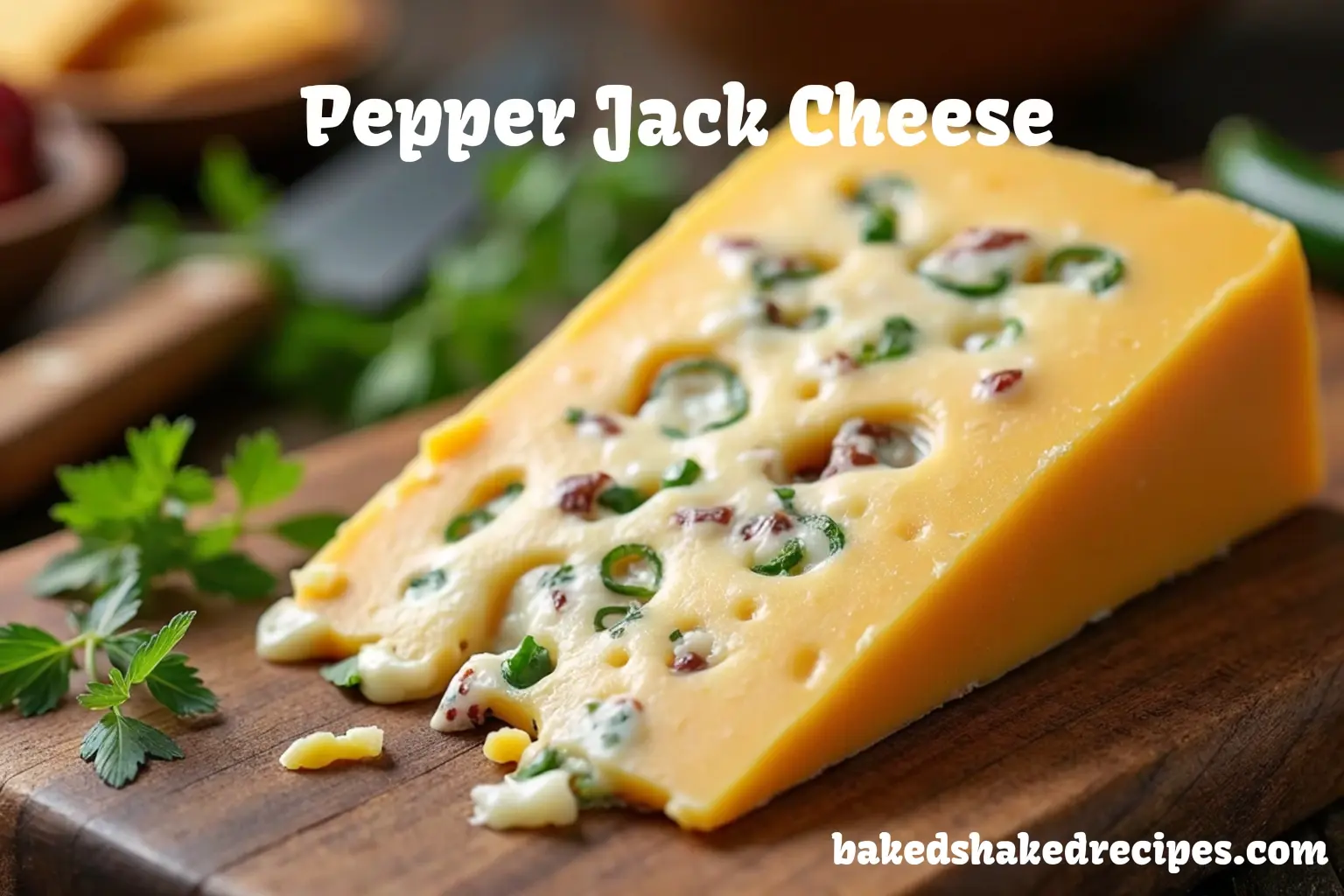 Close-up of Pepper Jack Cheese with jalapeño flecks on a wooden cutting board, accompanied by a cheese knife, crackers, and fresh herbs.