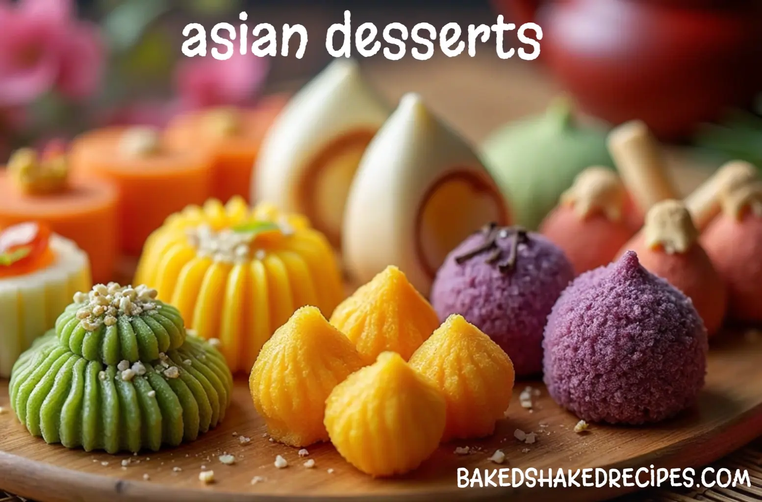 Asian Desserts: 7 Easy and Exotic Recipes to Sweeten Your Day 1 A colorful platter of traditional asian desserts, including mochi, mango sticky rice, matcha dorayaki, and ube halaya, arranged with bamboo steamers and cherry blossoms in the background.