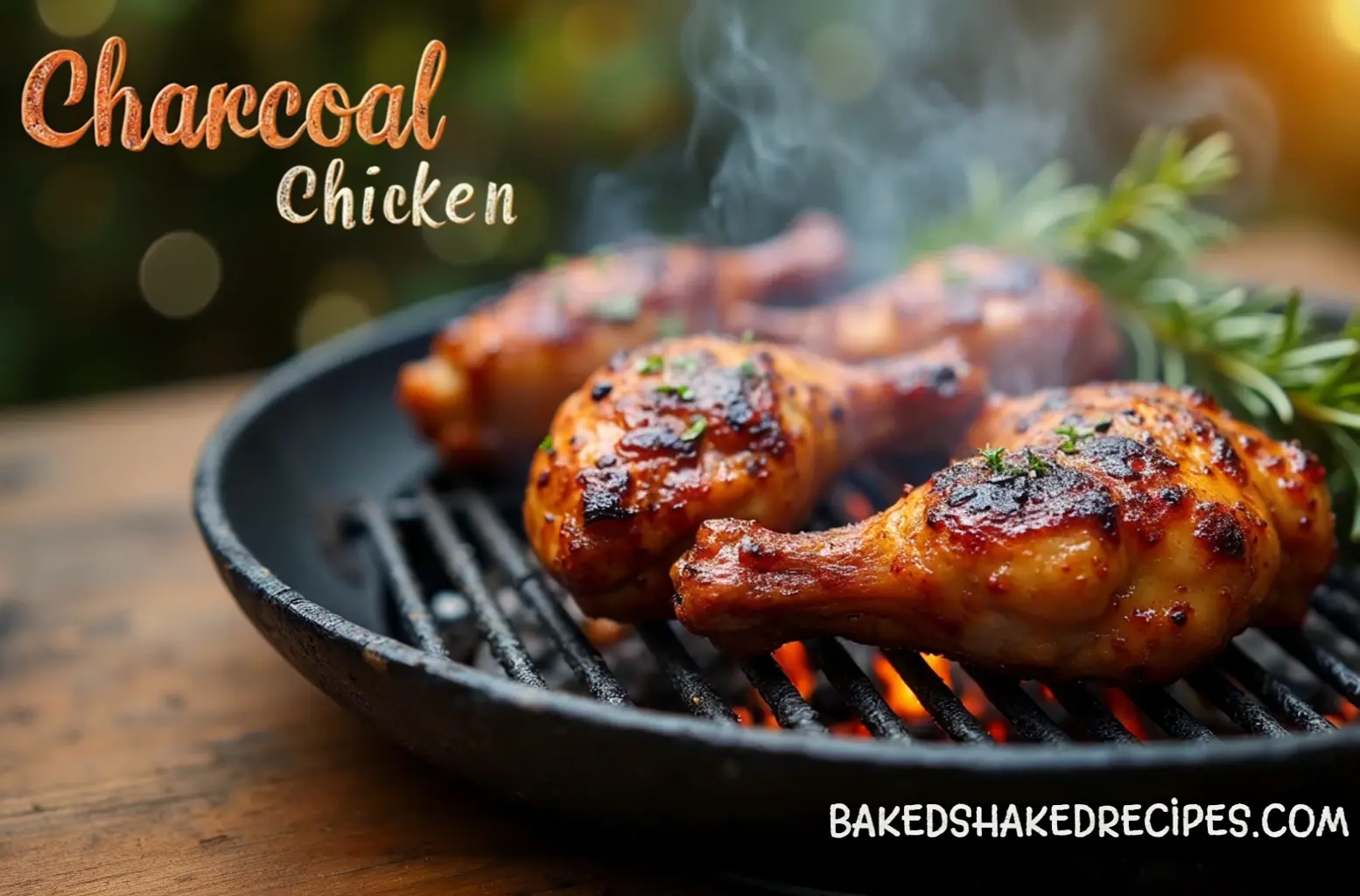 Golden-brown charcoal chicken grilling on a BBQ with smoky flames, fresh herbs, and a rustic outdoor setting.