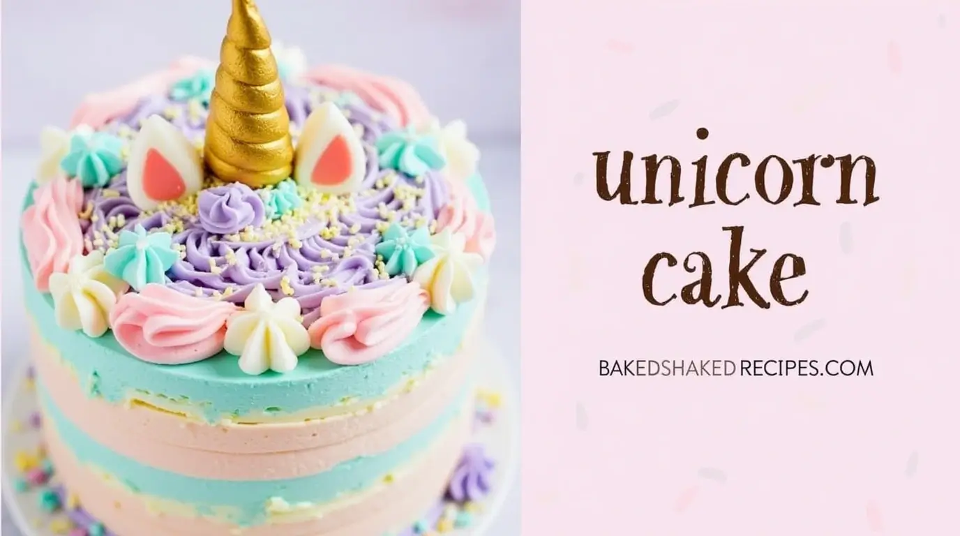 9 Genius Unicorn Cake Hacks (Bake Like a Pro in No Time!) 6 A unicorn cake with pastel frosting, a golden edible horn, and a vertical split design featuring a recipe on one side and text on the other.