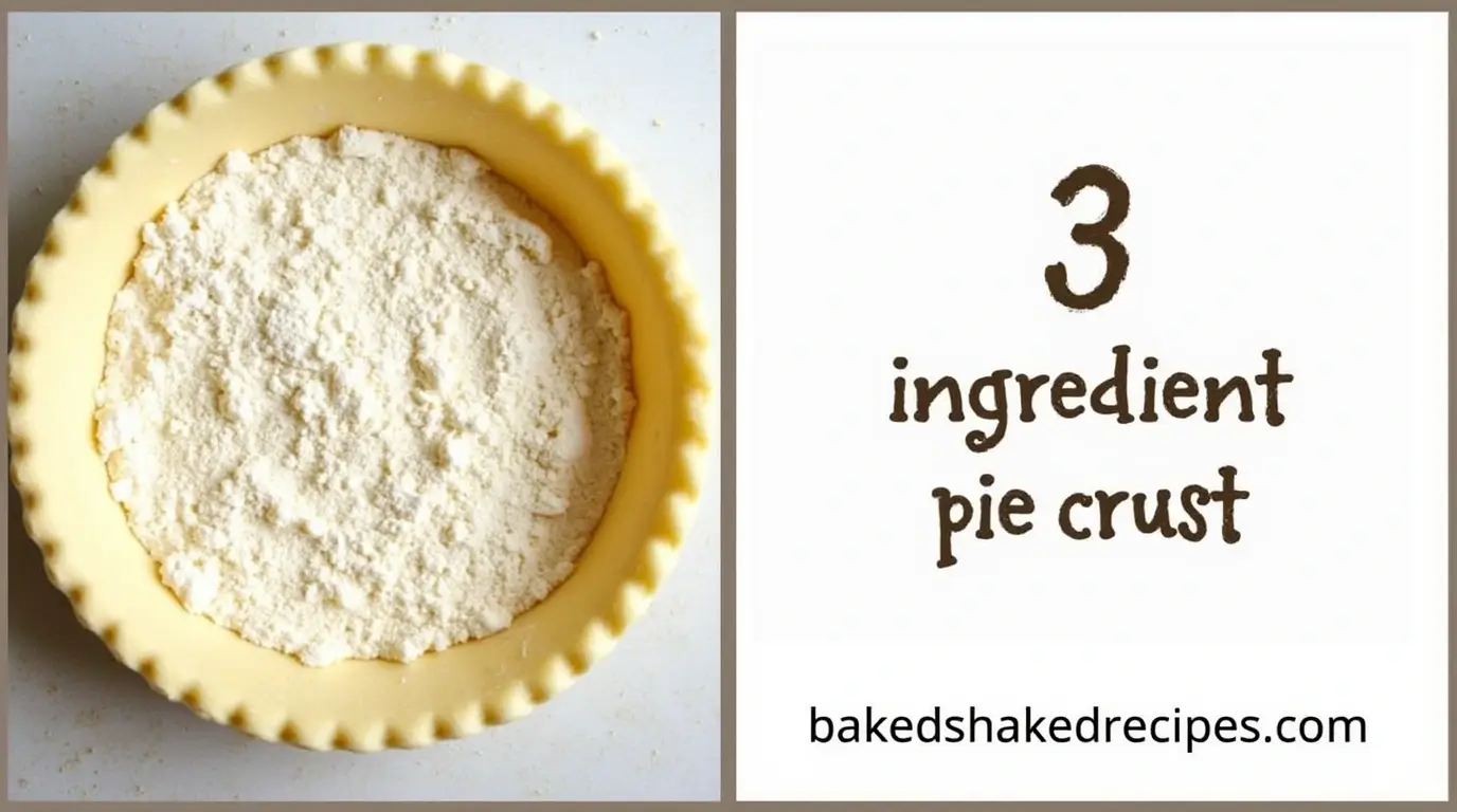 A split image featuring a 3-ingredient pie crust on the left and text with the title "3 ingredient pie crust" and website name 'bakedshakedrecipes.com' on the right.
