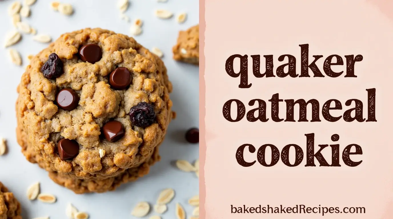 Quaker Oatmeal Cookie Recipe (2025 Update – Perfect Every Time!) 1 A mouthwatering quaker oatmeal cookie recipe with a divided design, featuring a rustic title and the website 'bakedshakedrecipes.com' underneath.