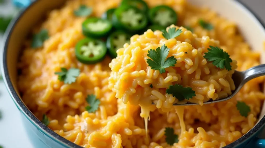 Vegan Jalapeno Cheese Rice Casserole: How to Make It Perfect in 5 Simple Steps 3 A close-up of a vegan jalapeno cheese rice casserole, showcasing the creamy cheese sauce, chopped jalapenos, and fluffy rice with a garnish of fresh cilantro.