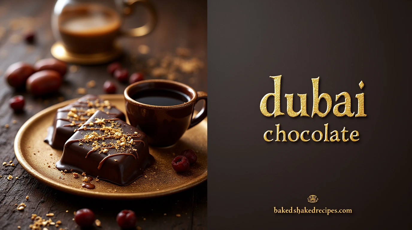 Easy Dubai Chocolate Recipe (Made with Just 3 Ingredients!) 1 A luxurious Dubai-inspired chocolate dessert, divided into two sections: one displaying the rich chocolate treat with Arabic coffee and dates, and the other featuring only the title in bold, rustic lettering.